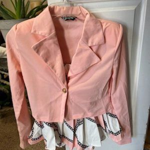 Long Sleeve Blazer Coat & Scarf Print Pleated Skirt Set